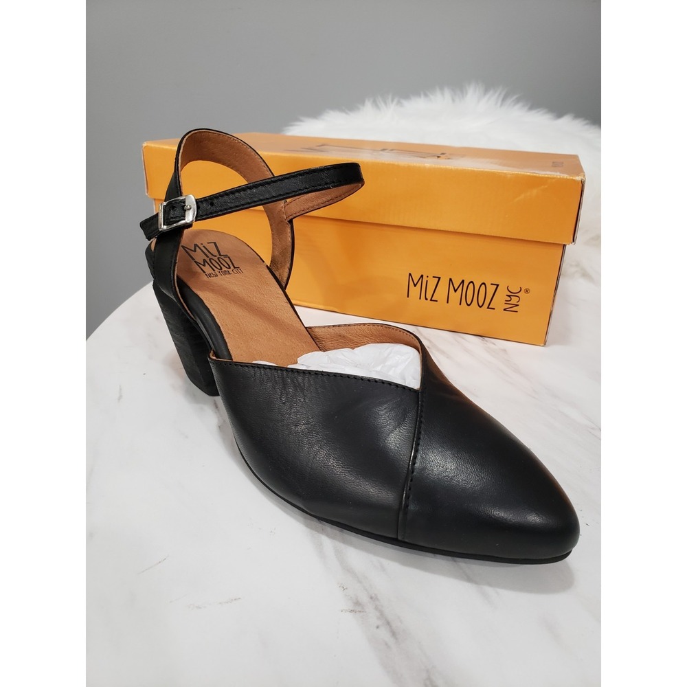 NEW Miz Mooz Alina Womens Black Leather Ankle Strap Block Kitten Heels EU 39